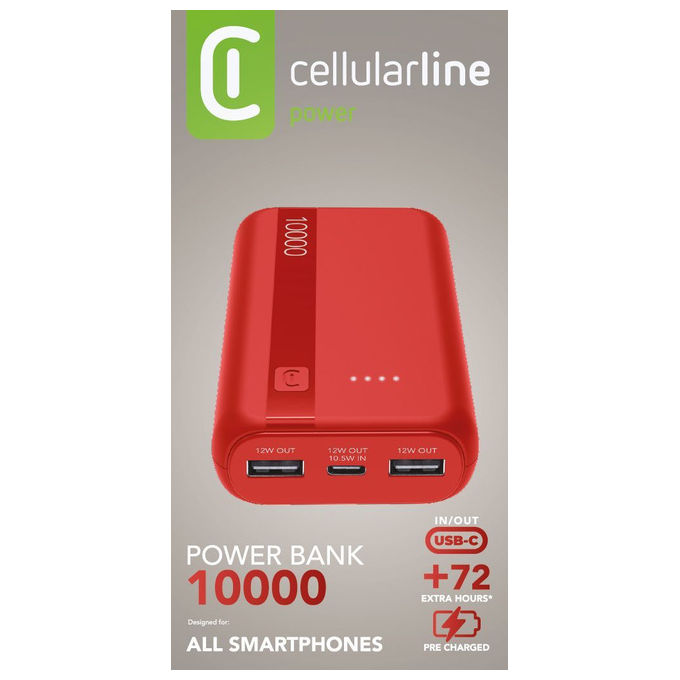 Cellularline PBENTRYCOL10000R Essential Power Bank 10000 mAh USB-C 10,5 W 2 USB-A 12 W LED colore Rosso