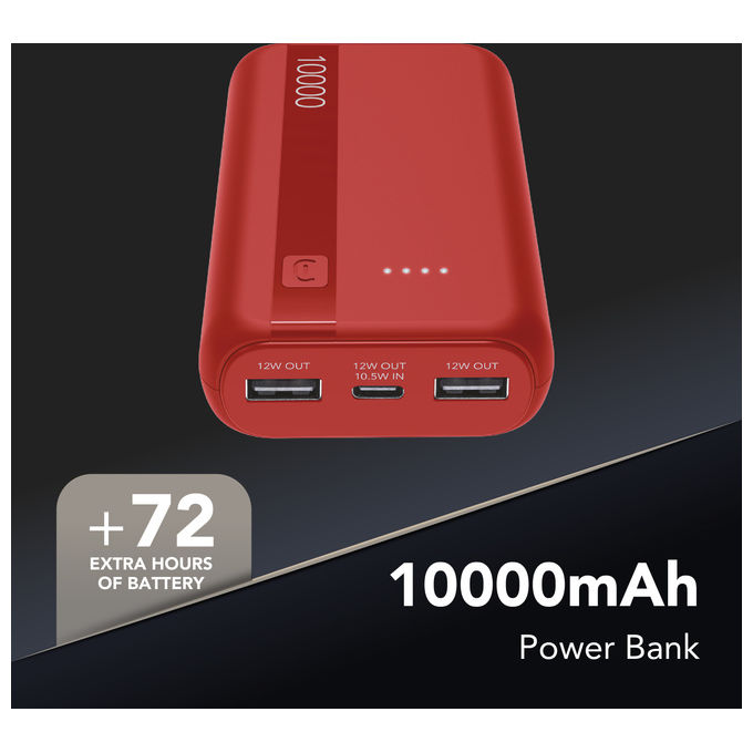 Cellularline PBENTRYCOL10000R Essential Power Bank 10000 mAh USB-C 10,5 W 2 USB-A 12 W LED colore Rosso