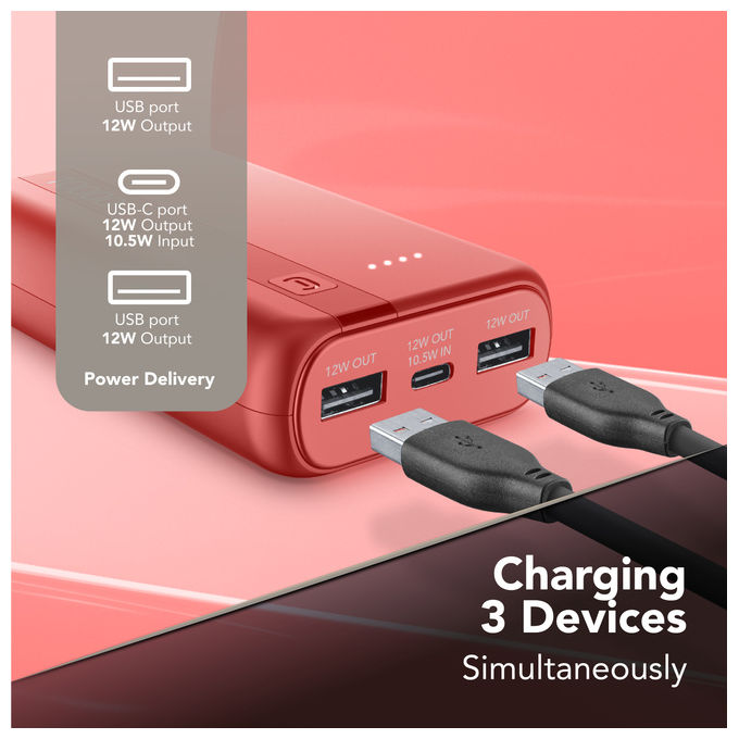Cellularline PBENTRYCOL10000R Essential Power Bank 10000 mAh USB-C 10,5 W 2 USB-A 12 W LED colore Rosso