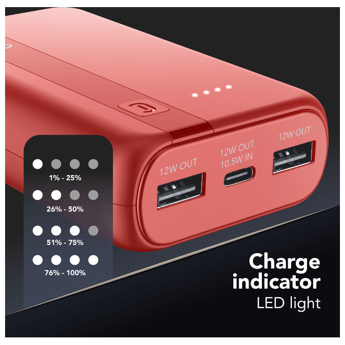 Cellularline PBENTRYCOL10000R Essential Power Bank 10000 mAh USB-C 10,5 W 2 USB-A 12 W LED colore Rosso