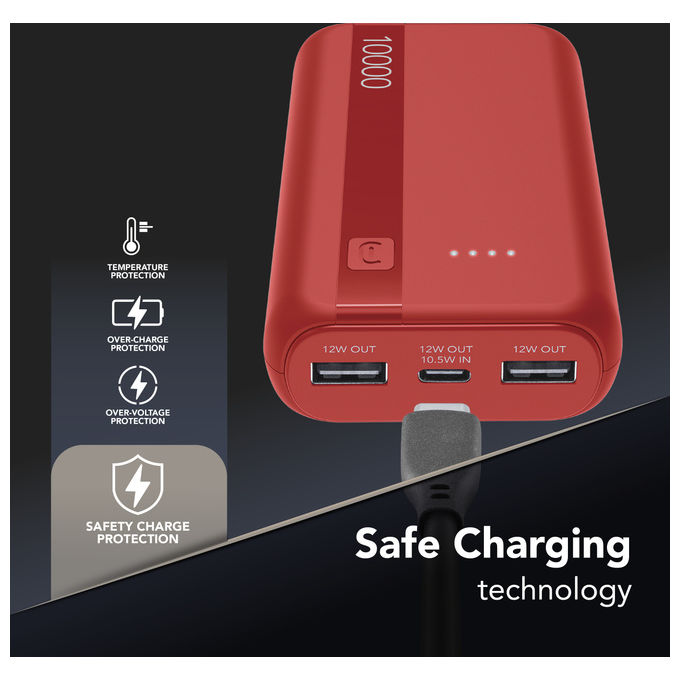Cellularline PBENTRYCOL10000R Essential Power Bank 10000 mAh USB-C 10,5 W 2 USB-A 12 W LED colore Rosso