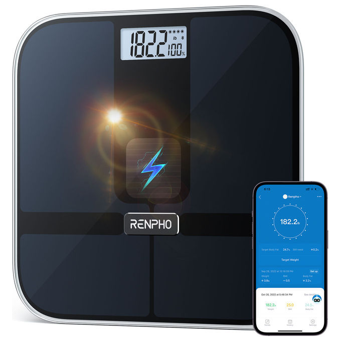 Renpho Elis Solar 2, Bilancia Pesapersone Intelligente, Nera, Vetro ITO