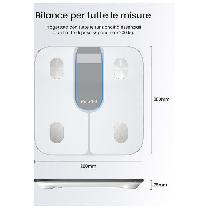 Renpho, Bilancia Pesapersone Intelligente Elis 1C, Bluetooth, WiFi, Impedenziometria, Bianco