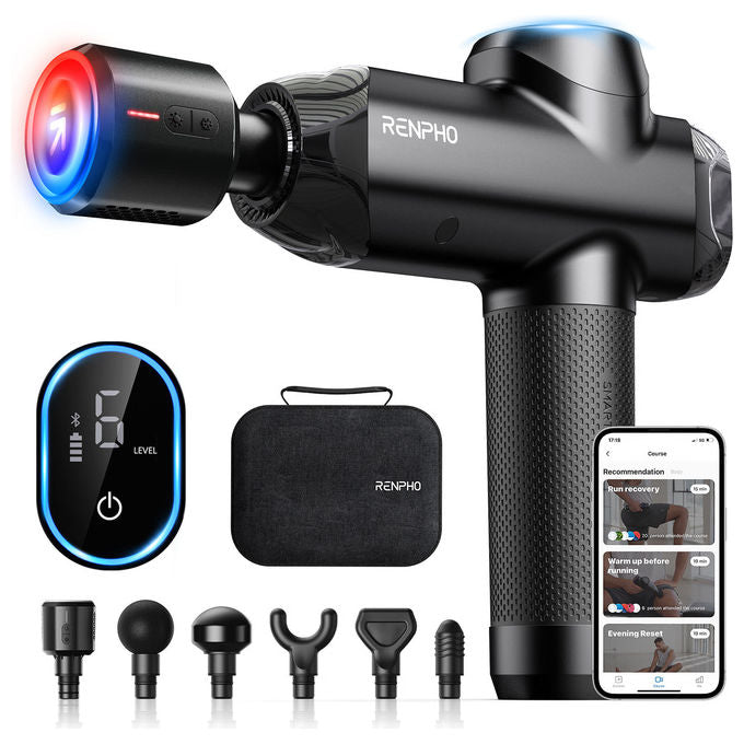 Renpho, Pistola Massaggiante Power+ Thermacool con Funzione Caldo-Freddo, 6 Testine, App Intelligente