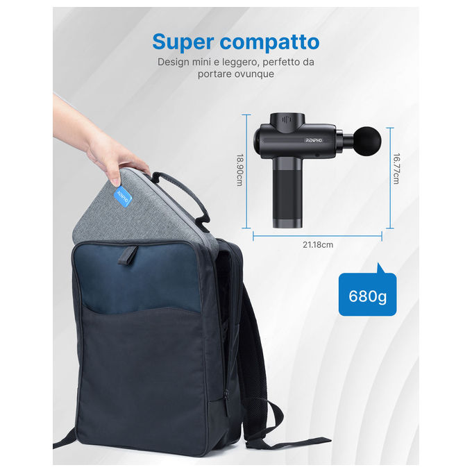Renpho PEU-R-C003-BK Active Massage Gun Pistola Massaggiatore Muscolare 5 Testine 3200 rpm 40 dB Ricarica USB Type-C colore Nero