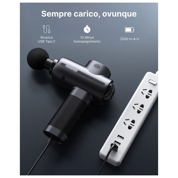 Renpho PEU-R-C003-BK Active Massage Gun Pistola Massaggiatore Muscolare 5 Testine 3200 rpm 40 dB Ricarica USB Type-C colore Nero