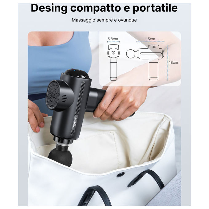 Renpho PEU-R-C003-BK Active Massage Gun Pistola Massaggiatore Muscolare 5 Testine 3200 rpm 40 dB Ricarica USB Type-C colore Nero