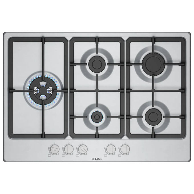 Bosch, Piano Cottura a Gas, 5 Fuochi, 75x52 cm, Acciaio Inox