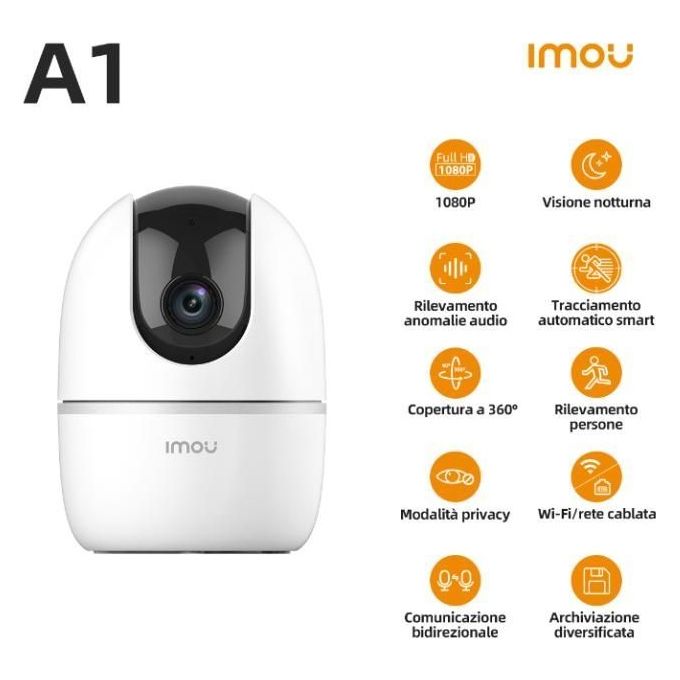 Imou Telecamera Wi-Fi Interno, 1080P Telecamera IP di Sorveglianza, Tracciamento del Movimento con Sirena, Baby Monitor con AI Rilevamento Umano, Audio Bidirezionale and Visione Notturna - A1 2mp 1920x1080p
