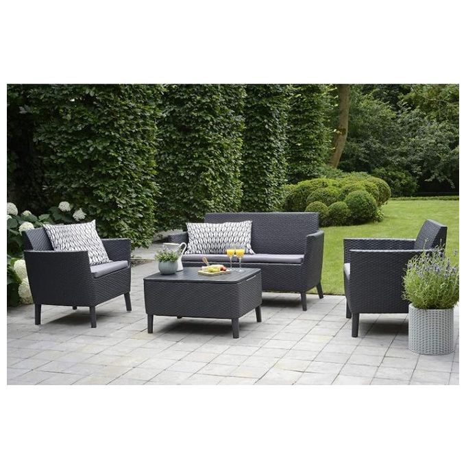 Keter 253220 Salemo Salottino da Esterno 4 Posti Divano 2 Poltrone Tavolino Polipropilene Effetto Rattan colore Grafite