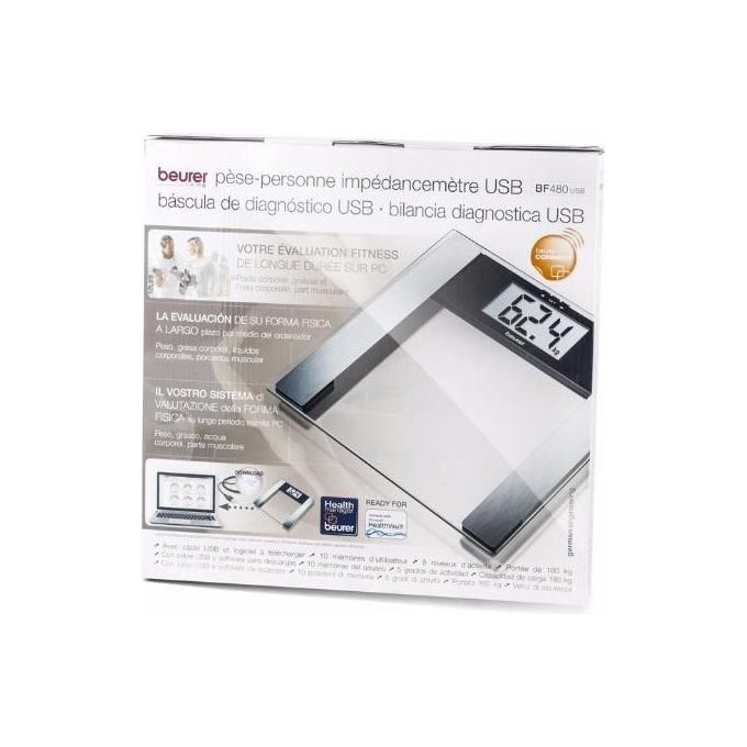 Beurer BF 195 Bilancia pesapersone digitale portata 180 kg precisione 100 g display LCD retroilluminato blu funzioni: analisi corporea (massa grassa acqua muscoli ossa) memoria 10 utenti