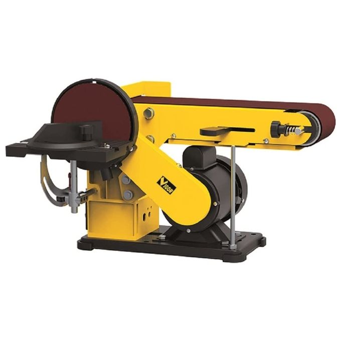 Vigor 9069510 Levigatrice a Nastro e Disco da Banco 350 W Disco 150 mm 1450 rpm Nastro 100x914 mm 292 m-min Inclinazione Piastra 0-90° colore Nero