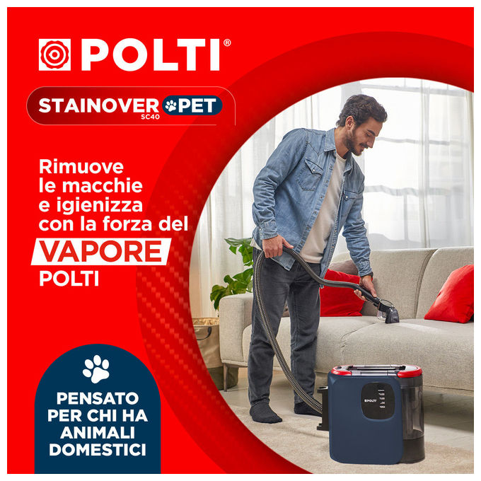 Polti PTEU0327 StainOver Pet SC40 Smacchiatore a Vapore 4 in 1 con Funzione Aspirazione e Vapore 1.6 L 14900 Pa Spazzola Pet + 9 Accessori colore Blu Scuro