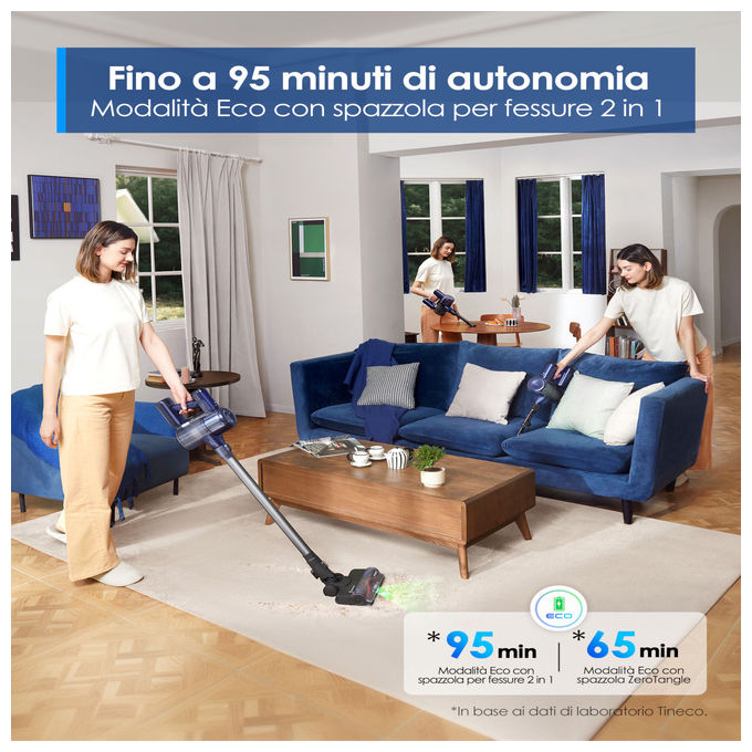 Tineco Pure One S50, aspirapolvere senza fili, 150 AW, autonomia 95 min, spazzola ZeroTangle, sistema ClogLess, blu scuro
