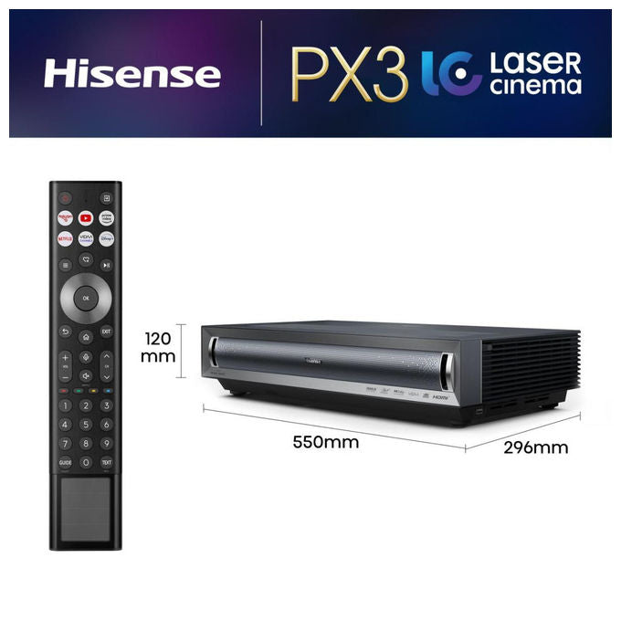 Hisense PX3 Proiettore Laser Ultra Corto 4K UHD 2800 ANSI lumen HDR10+ Dolby Atmos Smart TV VIDAA colore Nero