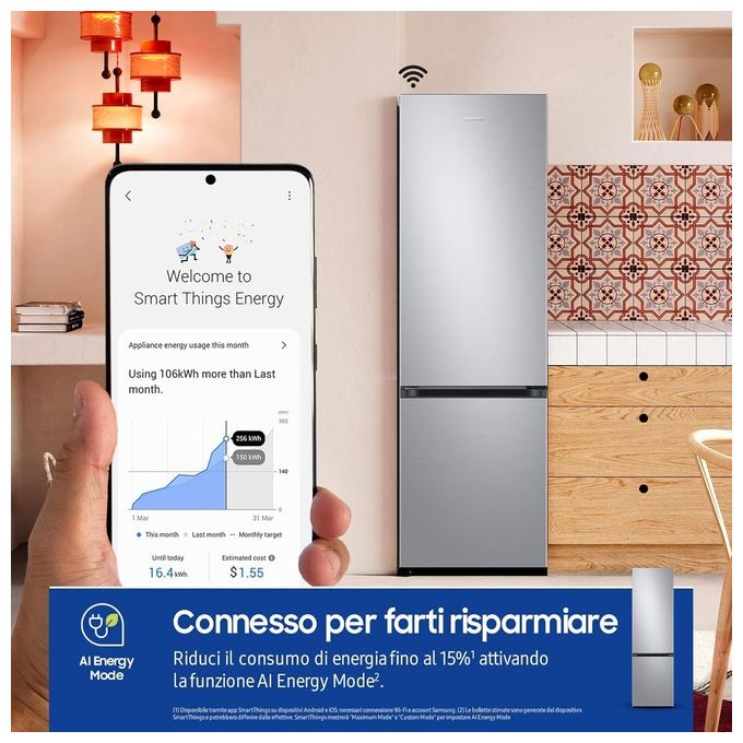 Samsung RB38C607AS9 EcoFlex AI Frigorifero Combinato 387 L 203 cm Classe A 35 dB Total No Frost Twin Cooling Plus Wi-Fi colore Inox