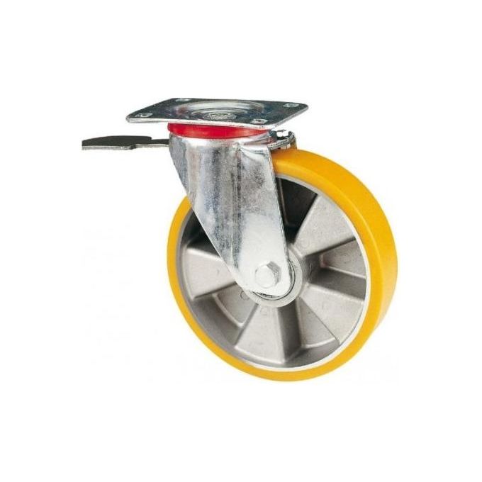 Avo Valsecchi 6162 37BIS Ruota Industriale con Piastra Girevole e Freno Diametro 80 mm Poliuretano Avolan Supporto Acciaio Zincato colore Giallo e Silver