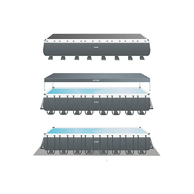Intex 26378NP Piscina Fuori Terra Ultra XTR Frame Rettangolare Pompa Filtro 10000 L-h Scaletta Telo Base e Copertura KIT_ Pulizia Deluxe e Set Volley 54368L Acciaio e PVC Grigio 975x488x132cm