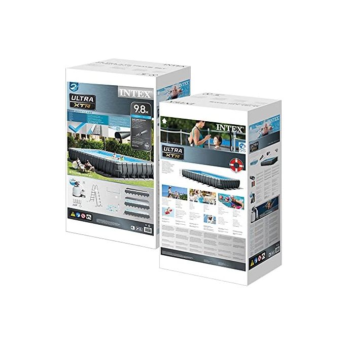 Intex 26378NP Piscina Fuori Terra Ultra XTR Frame Rettangolare Pompa Filtro 10000 L-h Scaletta Telo Base e Copertura KIT_ Pulizia Deluxe e Set Volley 54368L Acciaio e PVC Grigio 975x488x132cm