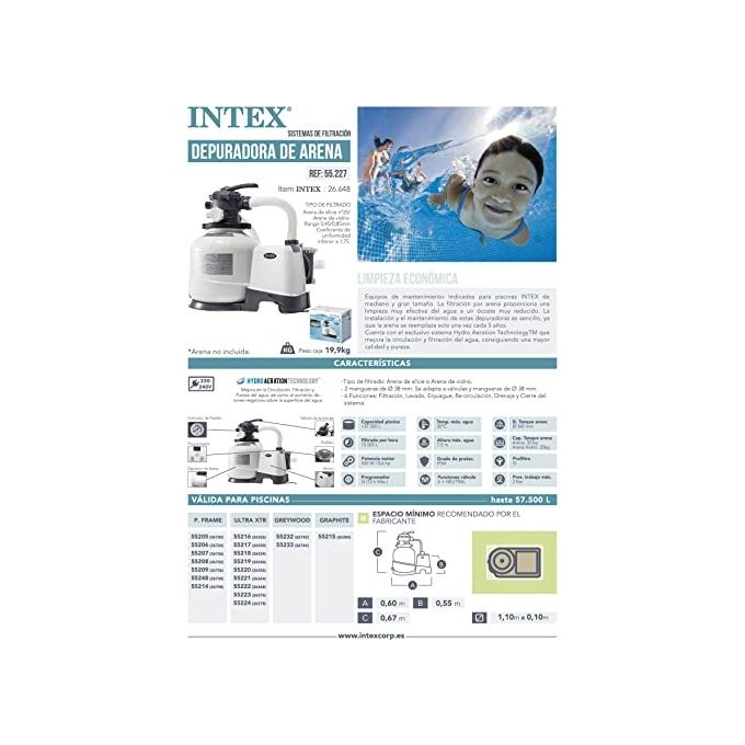 Intex Pompa a Sabbia 10000 L-H Flusso Acqua da 10.500 L-H, Flusso Sistema Da 8.000 L-H Bianco