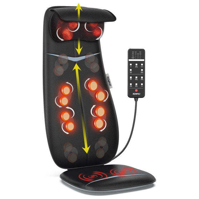 Renpho sedile massaggiante shiatsu, schiena e collo, funzione calore, design a forma di s, altezza regolabile, vibrazione, nero