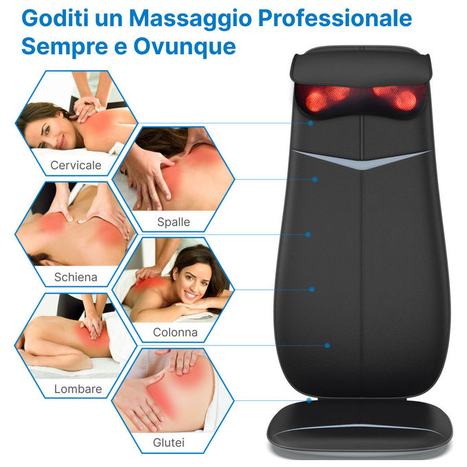 Renpho sedile massaggiante shiatsu, schiena e collo, funzione calore, design a forma di s, altezza regolabile, vibrazione, nero