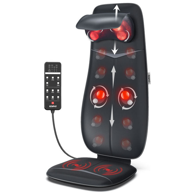 Renpho sedile massaggiante shiatsu, schiena e collo, funzione calore, design a forma di s, altezza regolabile, vibrazione, nero