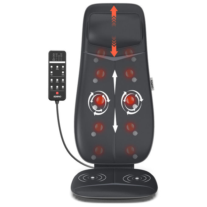 Renpho sedile massaggiante shiatsu, schiena e collo, funzione calore, design a forma di s, altezza regolabile, vibrazione, nero