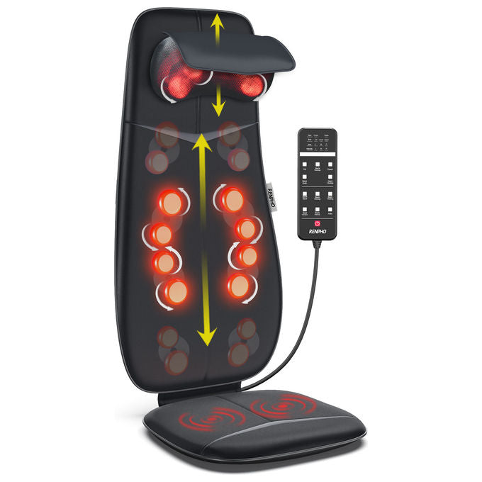 Renpho sedile massaggiante shiatsu, schiena e collo, funzione calore, design a forma di s, altezza regolabile, vibrazione, nero