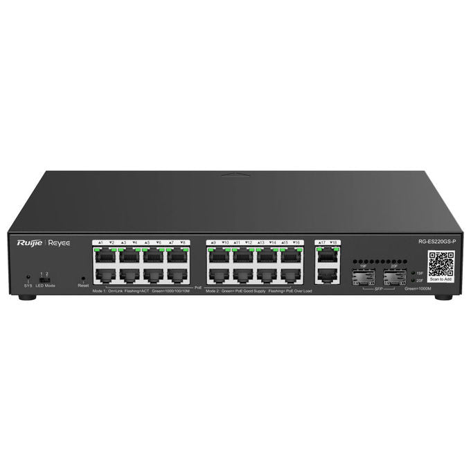 Ruijie Networks RG-ES220GS-P Switch di Rete Gestito L2 18 Porte Gigabit Ethernet 16 Porte PoE Power Budget 250W colore Nero