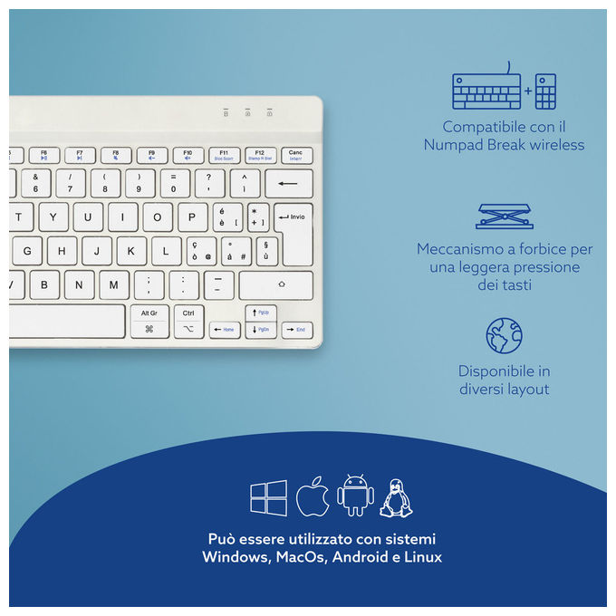 R-Go Tools, Tastiera Wireless, Compact Break, QWERTY Italiano, Bluetooth, Bianca