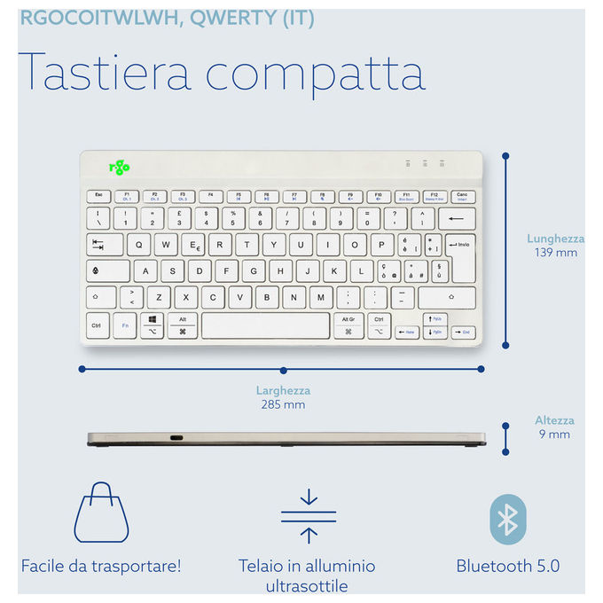 R-Go Tools, Tastiera Wireless, Compact Break, QWERTY Italiano, Bluetooth, Bianca
