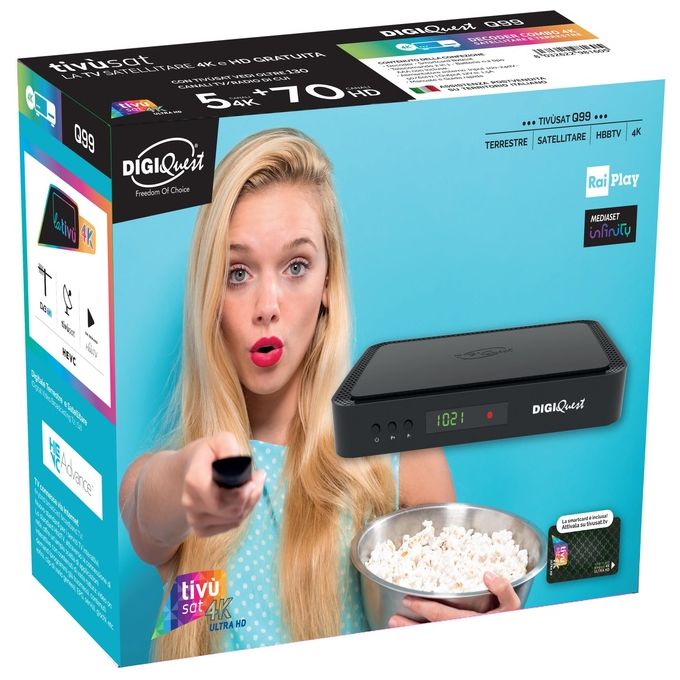 Digiquest RICD1251 Q99 Decoder Combo Tivu'sat 4K DVB-S2 DVB-T2 HEVC Main 10 HbbTV Doppio Tuner PVR Smartcard inclusa
