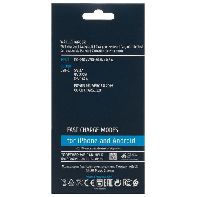 Rivacase PS4101 W00 Caricatore da muro USB-C 20W Power Delivery 3.0 QC 3.0 spina EU colore Bianco