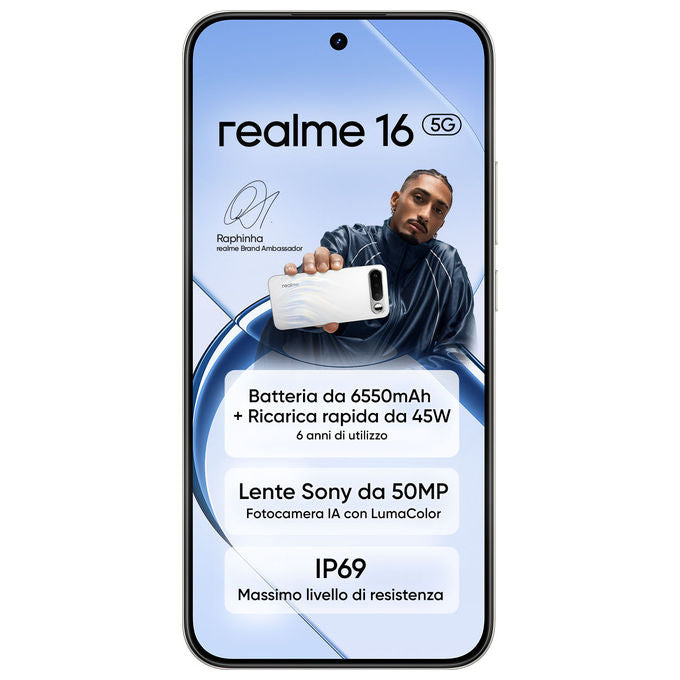 Realme RMX5171-W 16 Smartphone 5G 8GB 256GB Display AMOLED 6.57'' 120Hz Batteria 6500mAh Fotocamera 50MP IP69K Ricarica 45W colore Bianco