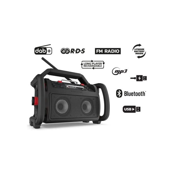Perfectpro RP2 Rockpro Radio per Cantiere Digitale con Sintonizzatore DAB+ FM Potenza 30 W Batteria 4000 mAh Fino a 12 h IP65 colore Nero Rosso