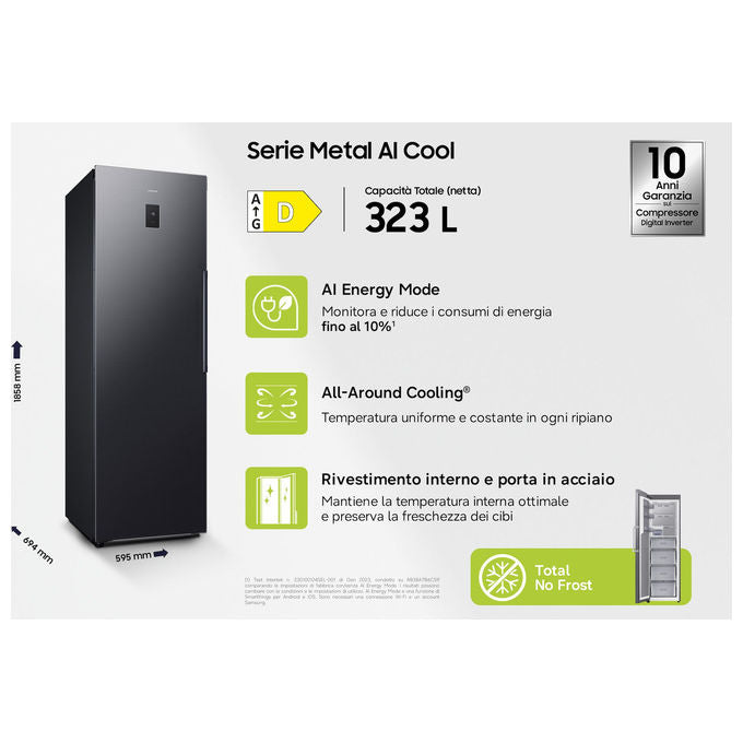 Samsung RZ70H32HDFEF Congelatore Verticale 323 L 185 cm Classe D No Frost 14.8 Kg-24H colore Nero