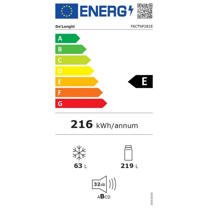 De Longhi F6CTNF281E Frigorifero Combinato da Incasso 210 L Classe E Total No Frost