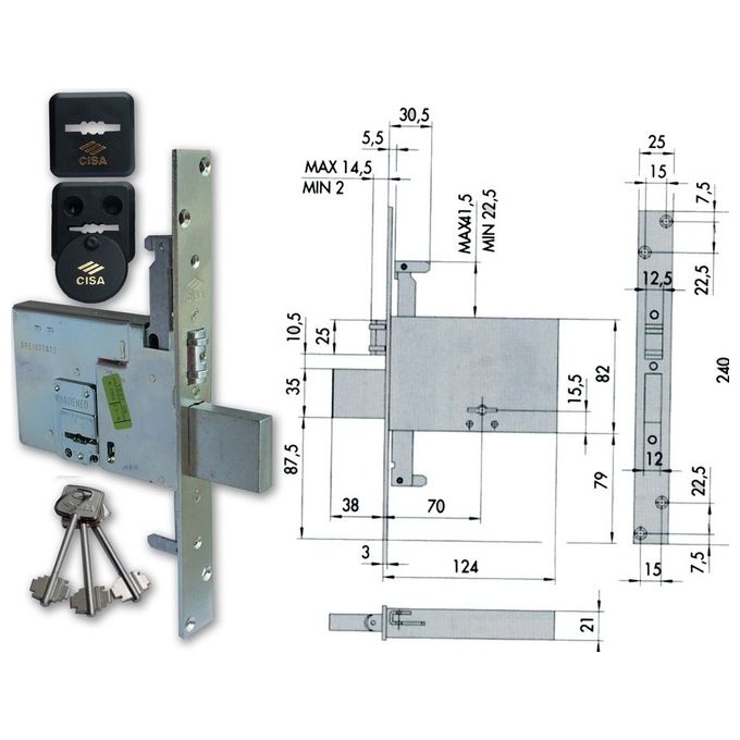 Cisa 57325-73-0 Serratura da Infilare Doppia Mappa Triplice per Fasce con Rullo Entrata 70 mm