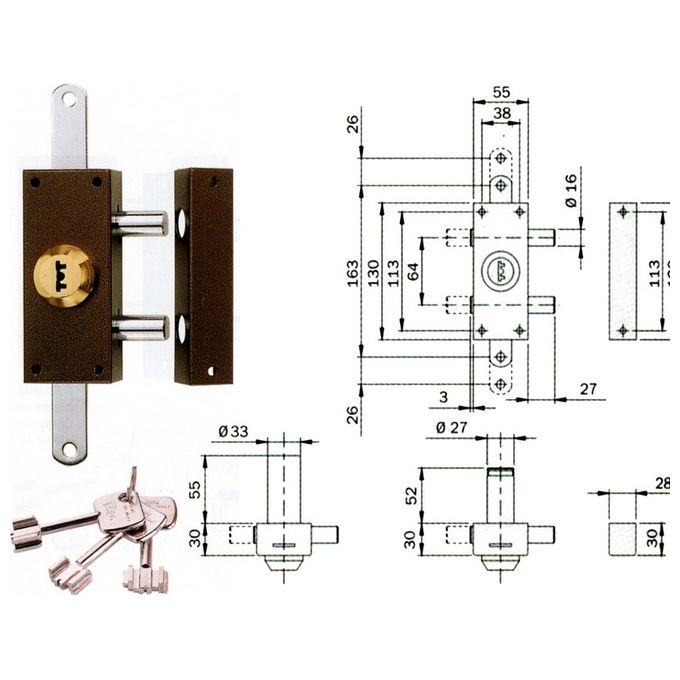 Iseo 910235 Vis Serratura da Applicare Triplice Chiusura con Chiave Interna ed Esterna Lunghezza Cilindro 60 mm colore Bronzo