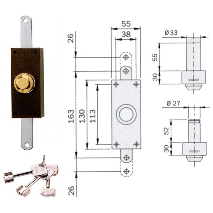 Iseo 910305 Serratura da Applicare Deviatore Pomolo Interno Cilindro Esterno 60 mm Versione Industriale