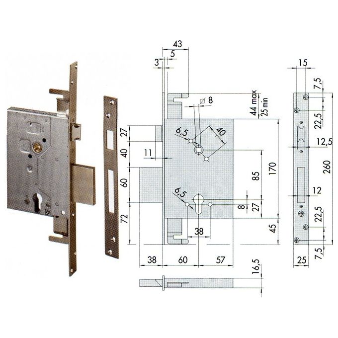 CISA 56255.60.0 Serratura meccanica a cilindro serie 56255-60 chiusura triplice 4 mandate scrocco reversibile colore Argento