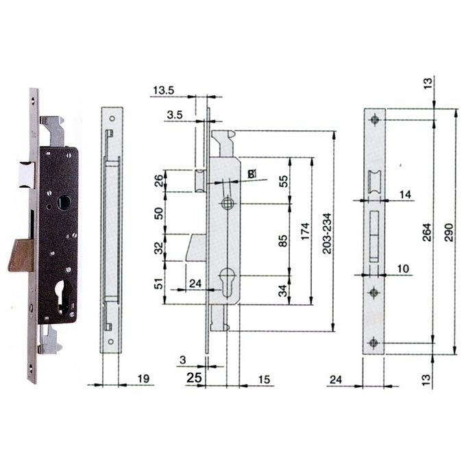 Iseo 783251 Serratura per Montanti Chiusura Triplice con Cilindro Profilo Europeo e Scrocco Basculante Regolabile colore Acciaio INOX