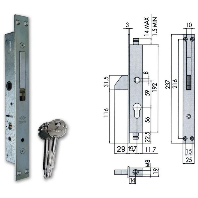 Cisa 46307-19-0 Serratura a Infilare a Spillo per Persiane Blindate con Cilindro Entrata 19 mm