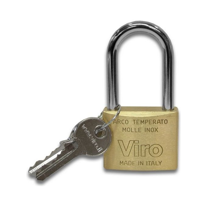 Viro 313 Lucchetto Rettangolare in Ottone Satinato Arco Lungo Antitaglio 50mm Arco 90mm Ø 8mm 2 Chiavi