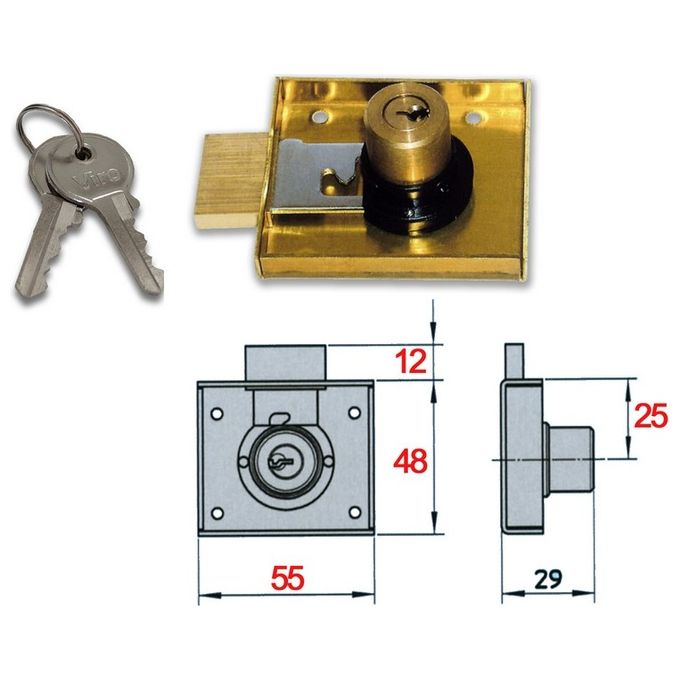 VIRO 1112 Serratura da Applicare per Mobili in Ottone con Catenaccio a Due Mandate e Cilindro da 20 mm colore Ottone