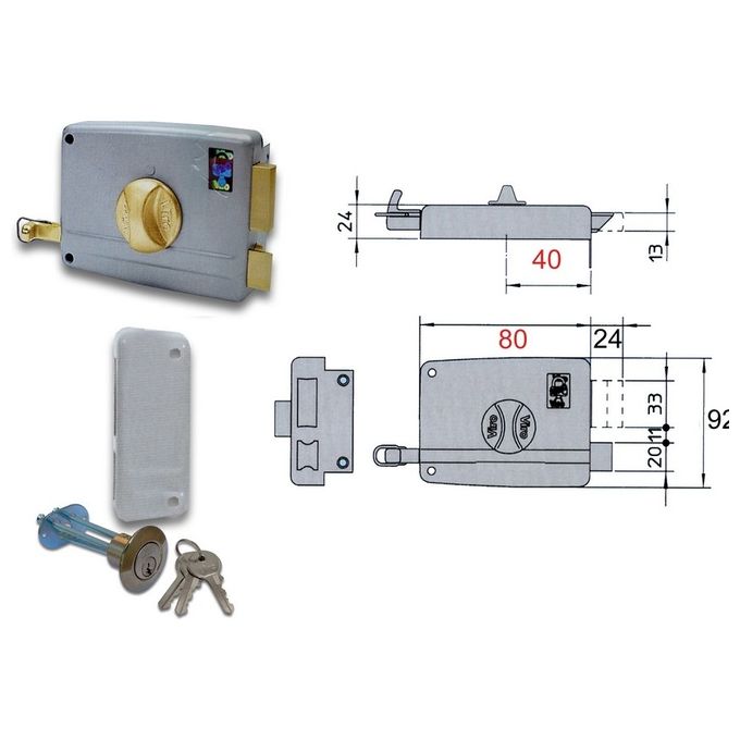 VIRO 7604 Serratura da Applicare per Porte in Legno Cilindro Esterno Staccato Chiusura a 2 Mandate Scrocco 70 mm colore Nero