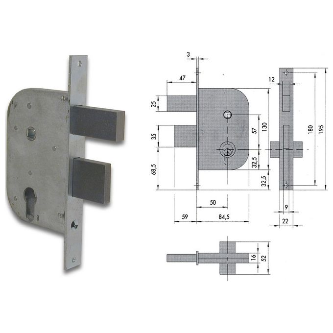 CISA 42512-50-0 Serratura Infilare per Cancelli con Scrocco Azionato da Chiave e Maniglia 2 Mandate Catenaccio Quadro Passante Materiale Ferro Zincato colore Zincato