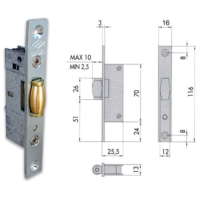 Cisa 44237-15 Serratura da infilare a rullo per montanti alluminio va e vieni frontale 16 mm entrata 15 mm zincato