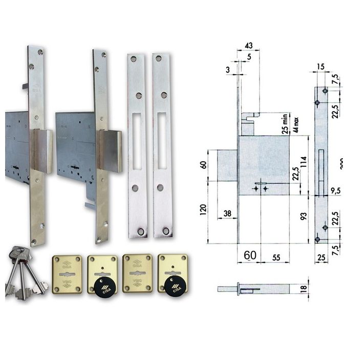 Cisa 1.57020.60.0 Coppia Serrature da Infilare Doppia Mappa 4 Mandate Entrata 60 mm Frontale 25 mm Acciaio Nichelato